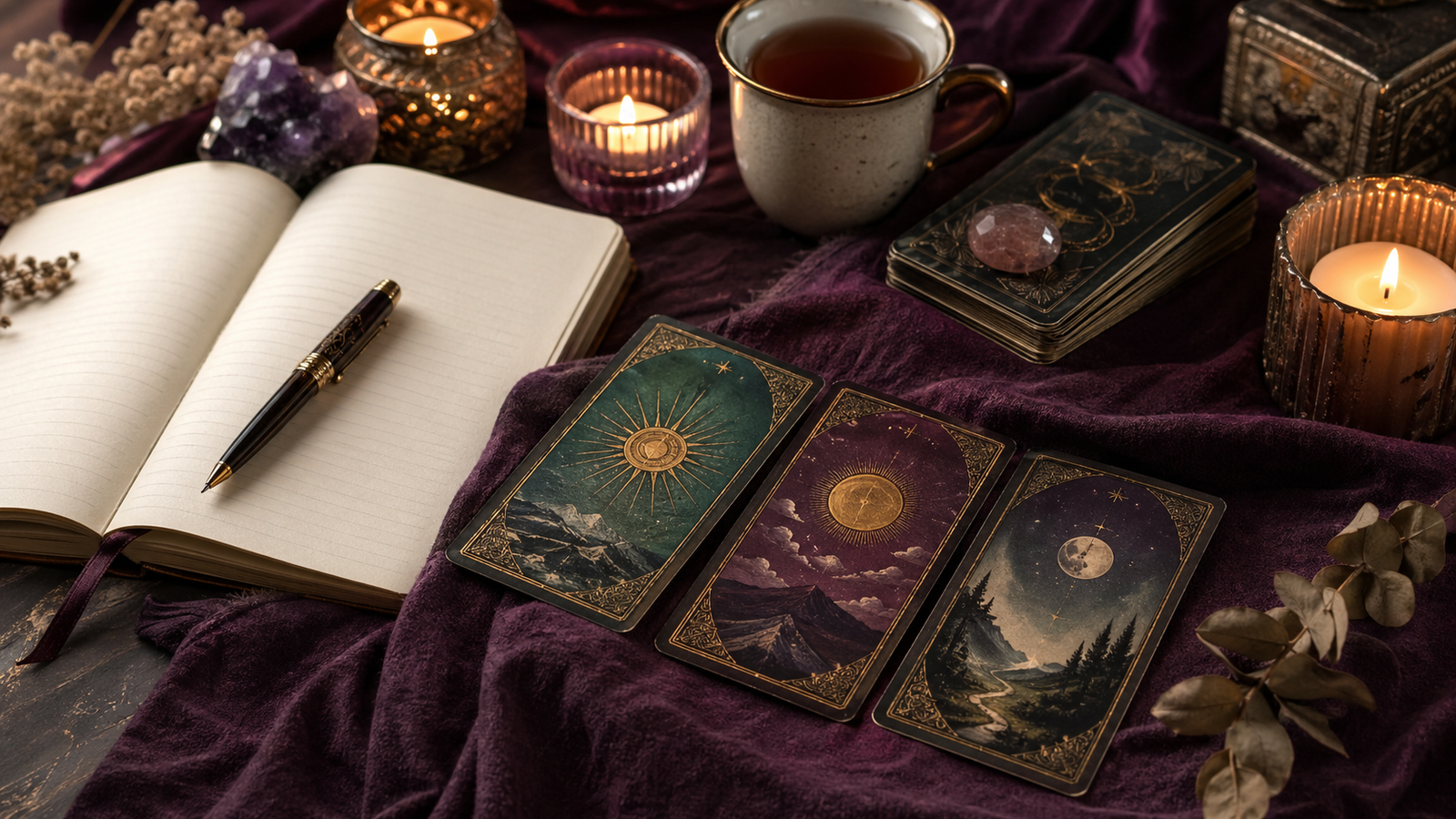 Cartas de tarô em ambiente místico com tons de vinho e dourado