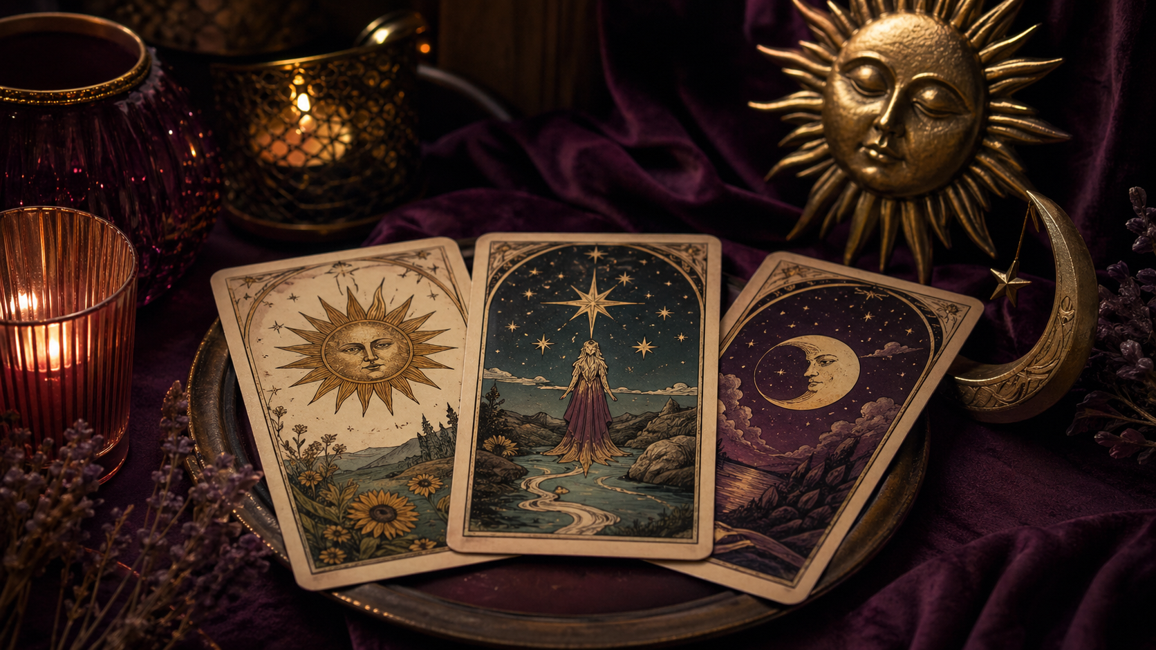 Cartas de tarô com elementos simbólicos em tons de vinho e dourado