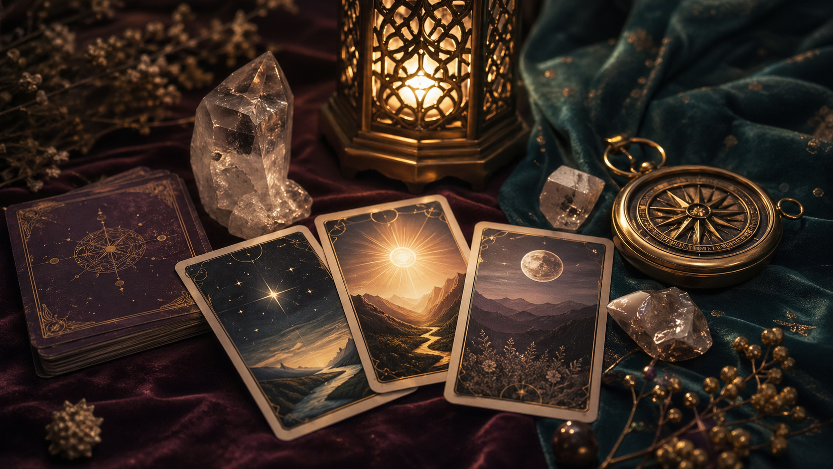 Cartas de tarô iluminadas por uma pequena lanterna com cristais